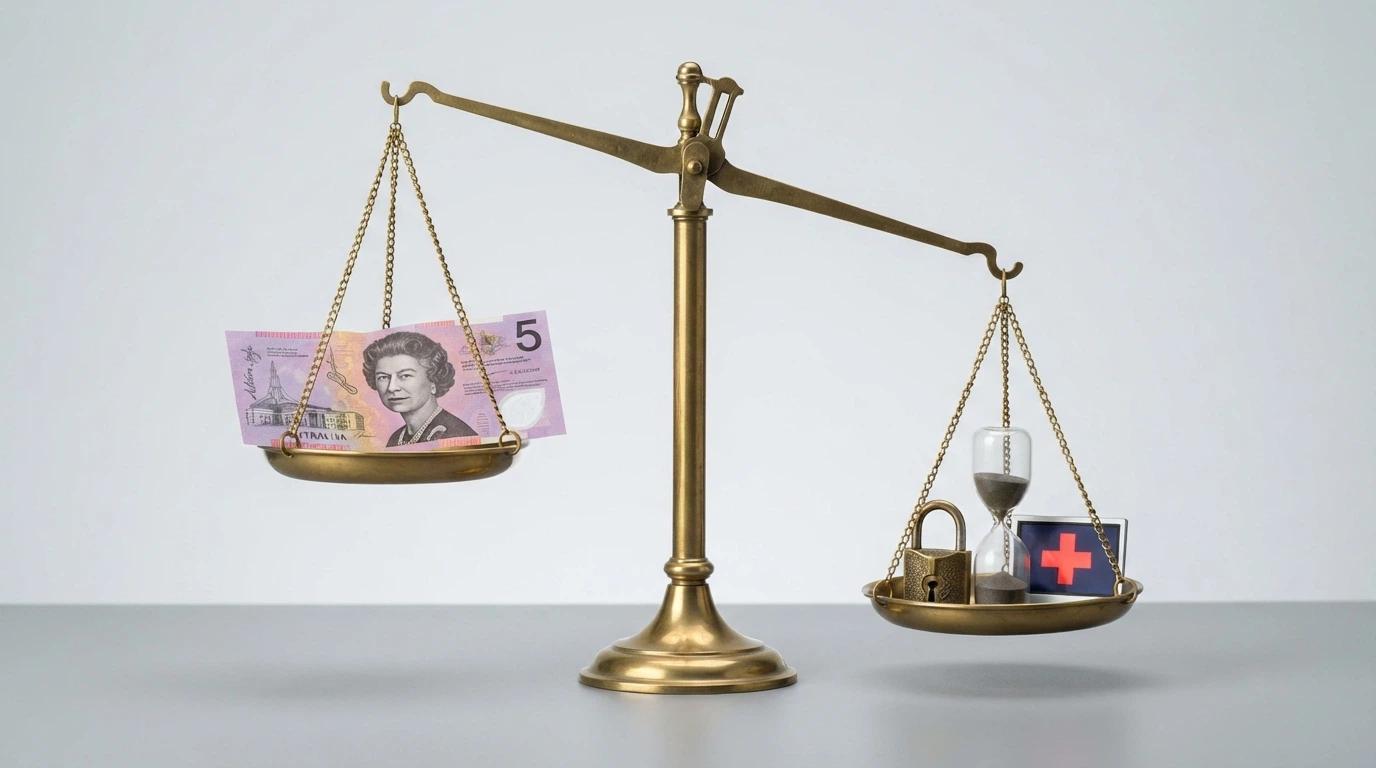 A balanced scale with a $5 note on one side and three weighty icons on the other — a padlock (no AU protection), an hourglass (wagering burden) and a blocked-website symbol (ACMA takedown risk)