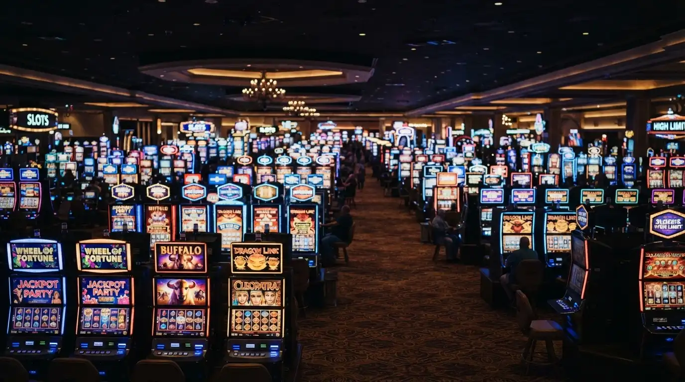 Rows of electronic gaming machines stretching across the main casino floor under low ambient light