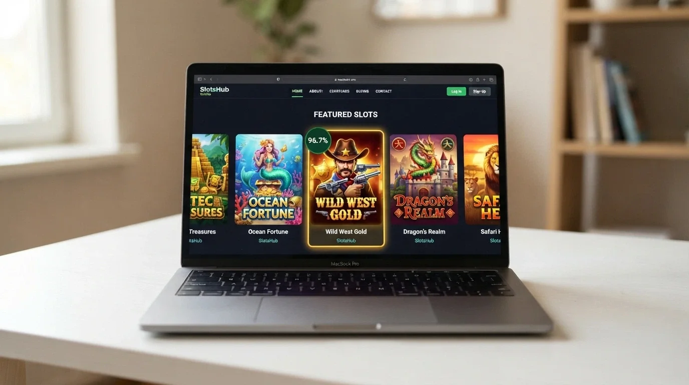 A row of online pokies titles with one highlighted and tagged with an RTP percentage badge