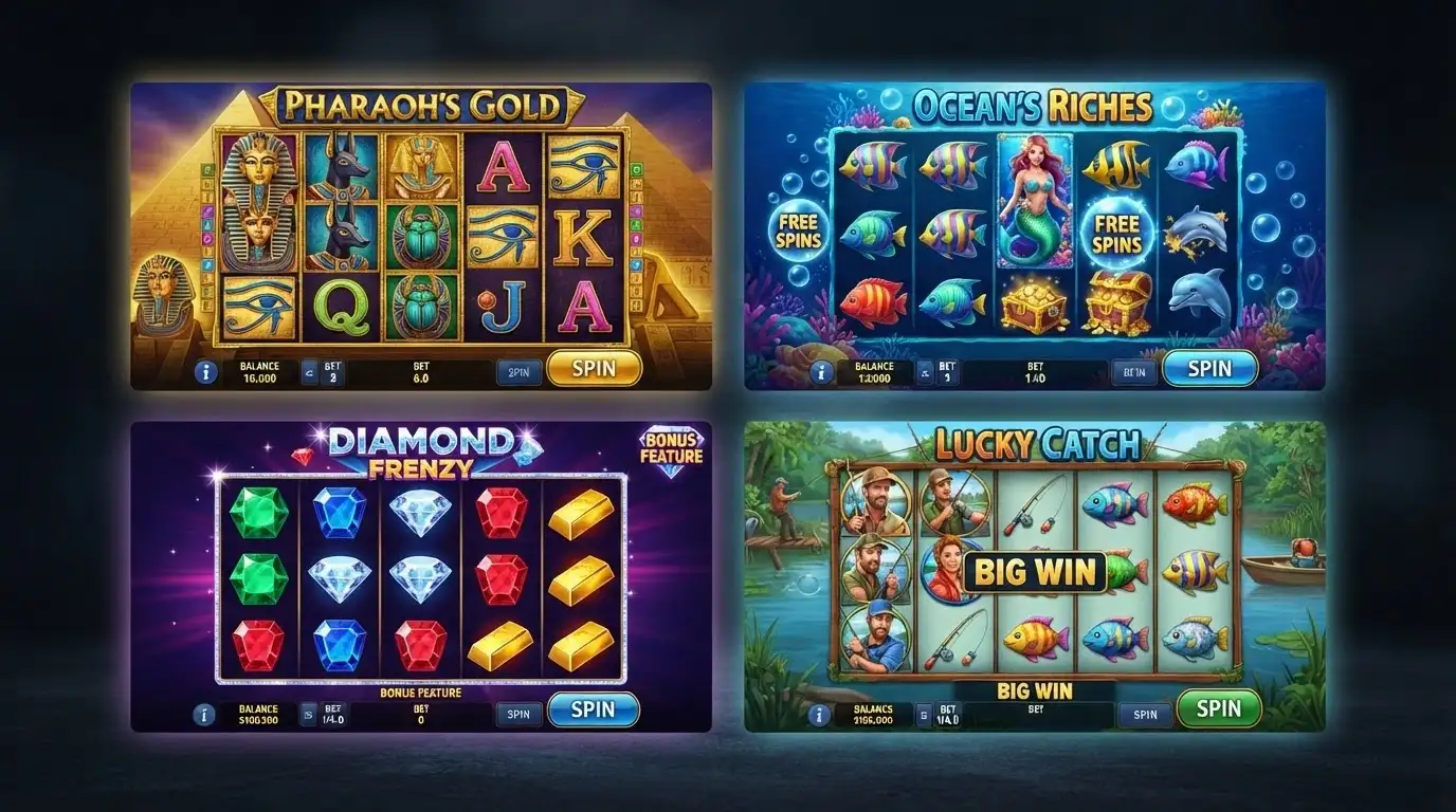 A grid of four colourful online pokies title screens including Book of Dead and Starburst