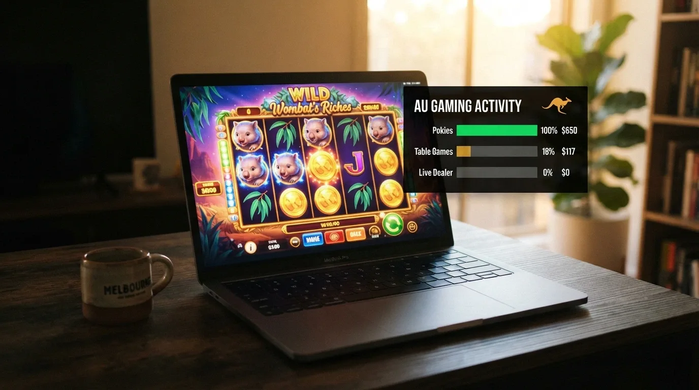An online pokies screen with a game-contribution percentage overlay showing 100% for pokies and much lower figures for table games and live dealer