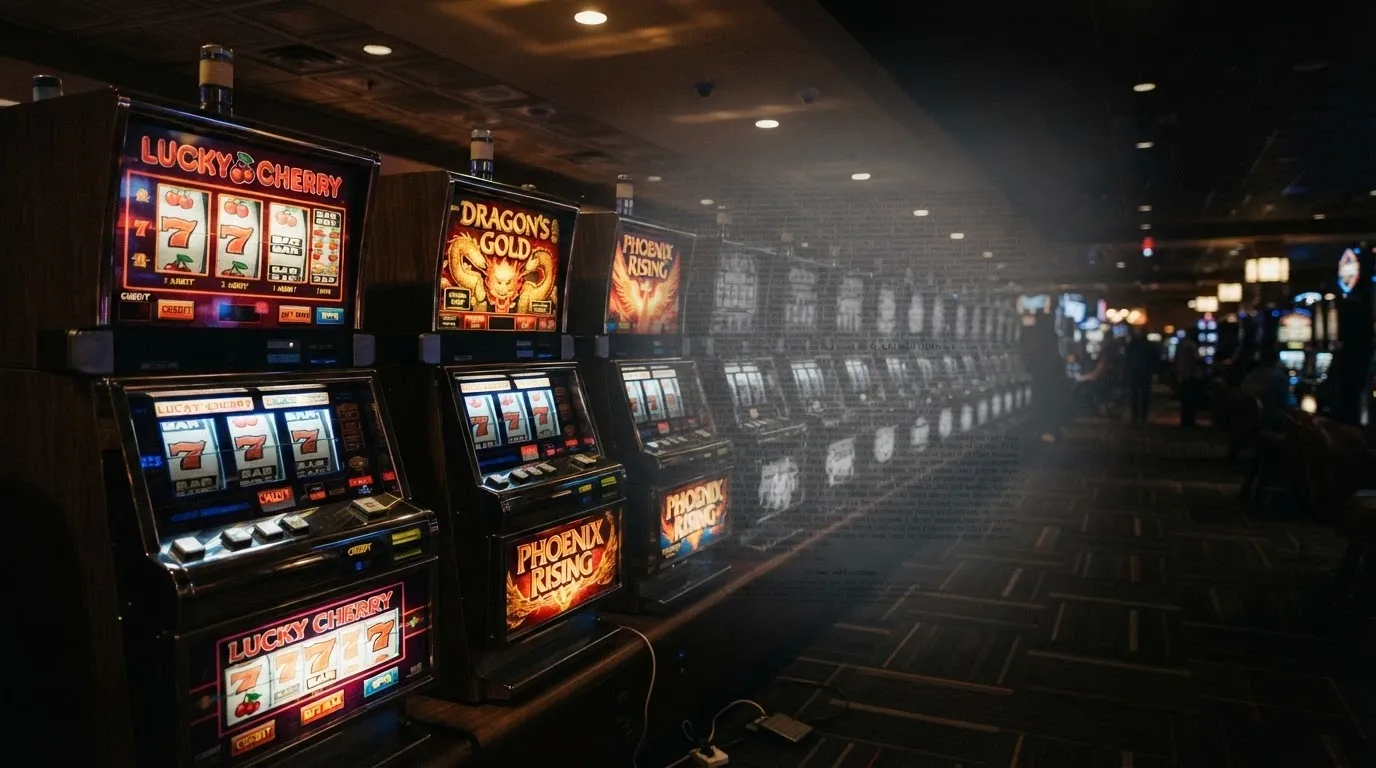 A row of illuminated pokies machines receding into the background, with the front three machines in colour and the rest greyed out behind a translucent terms-and-conditions overlay