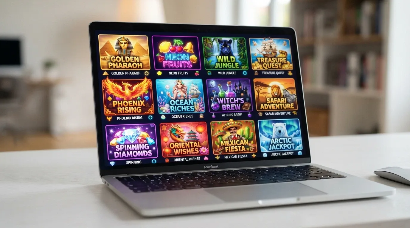 A grid of colourful online pokies game thumbnails including Starburst, Book of Dead and Thunderstruck II arranged in a casino lobby layout