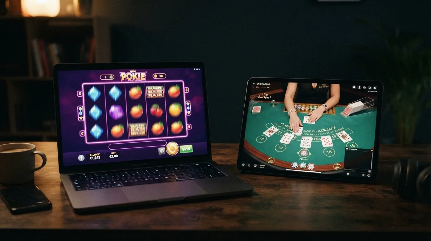 A laptop screen showing a five-reel pokie game mid-spin, colourful symbols blurred in motion, with a live-dealer blackjack table visible on a tablet beside it