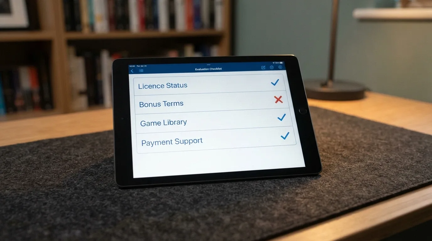 A desktop or tablet display showing a checklist or evaluation framework with licence, bonus, games and payments as the visible criteria