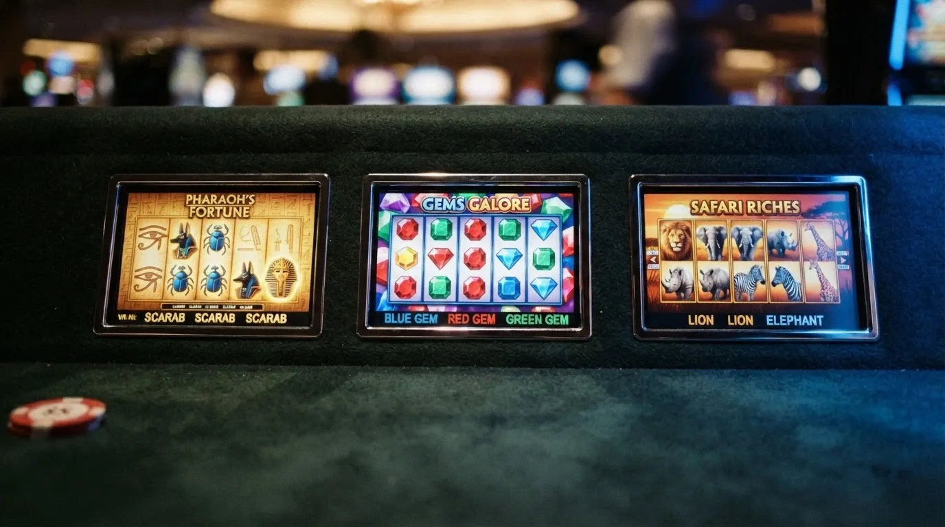 Three online pokie reels side by side showing Book of Dead, Starburst and Mega Moolah symbols