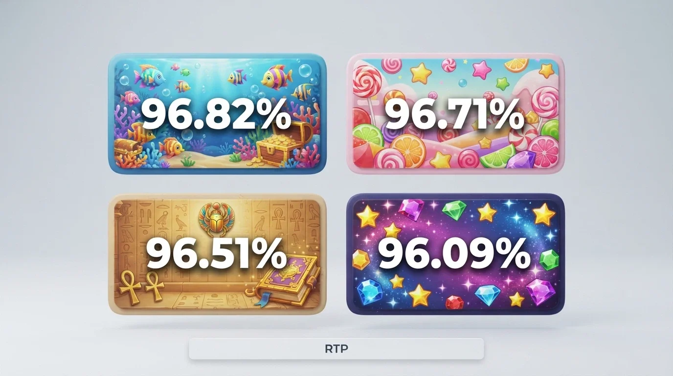 A grid of popular online pokie title cards — Sweet Bonanza, Big Bass Bonanza, Book of Dead, Starburst — with their RTP percentages overlaid as bold figures