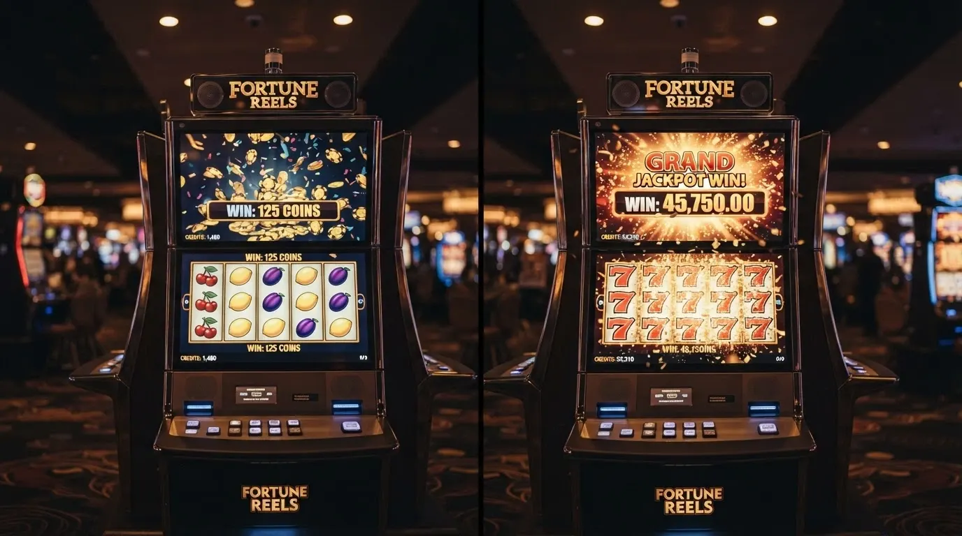 A split-screen showing a low-volatility pokie with frequent small wins on one side and a high-volatility pokie with a large jackpot animation on the other
