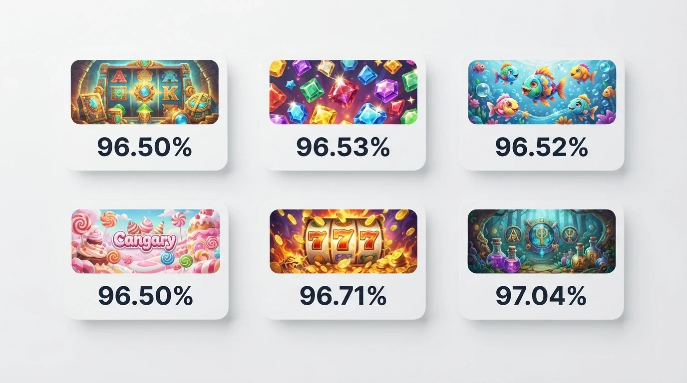 A grid of slot-game title cards — Gates of Olympus, Sugar Rush 1000, Big Bass Bonanza and others — with RTP percentages visible on each card