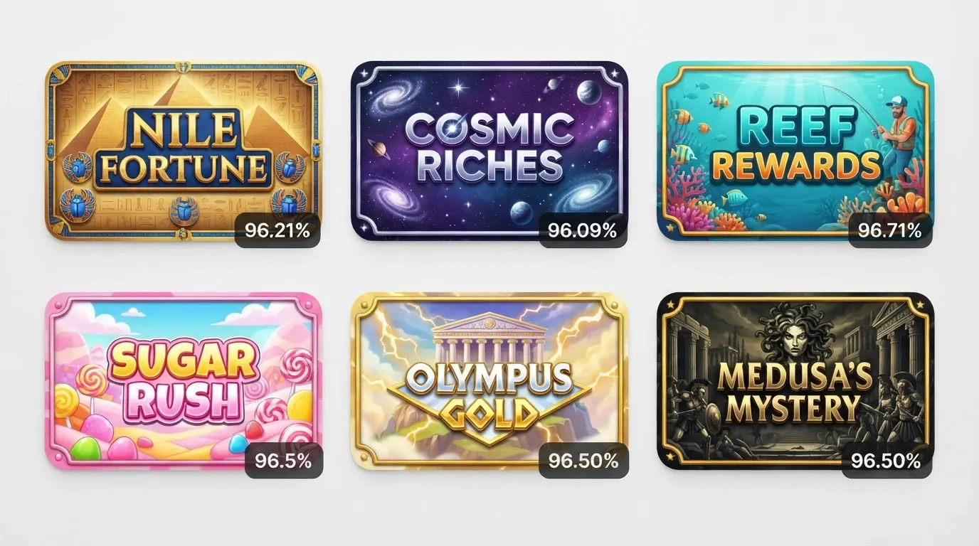 A grid of six colourful online pokies title cards — Book of Dead, Starburst, Big Bass Bonanza, Sweet Bonanza, Gates of Olympus and Gates of Olympus 1000 — with their RTP percentages overlaid