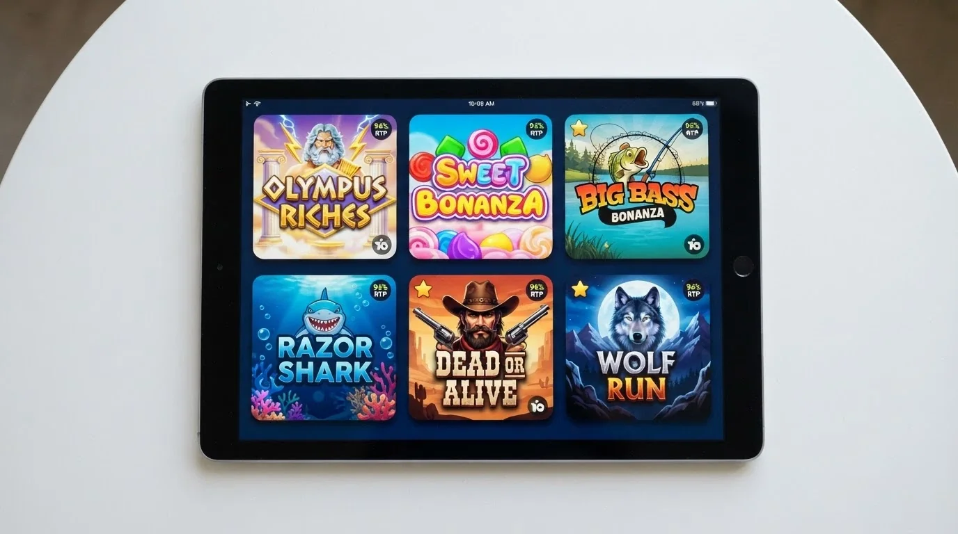 A grid of six pokie title cards — Gates of Olympus, Sweet Bonanza, Big Bass Bonanza, Razor Shark, Wanted Dead or a Wild and Wolf Gold — arranged like an app store