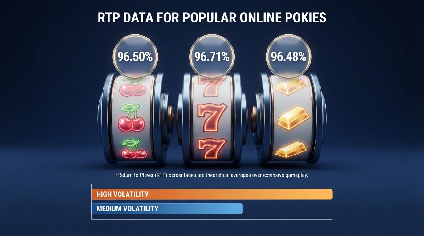 A grid of pokies title cards — Gates of Olympus, Big Bass Bonanza, Sweet Bonanza — with their RTP percentages beneath each one