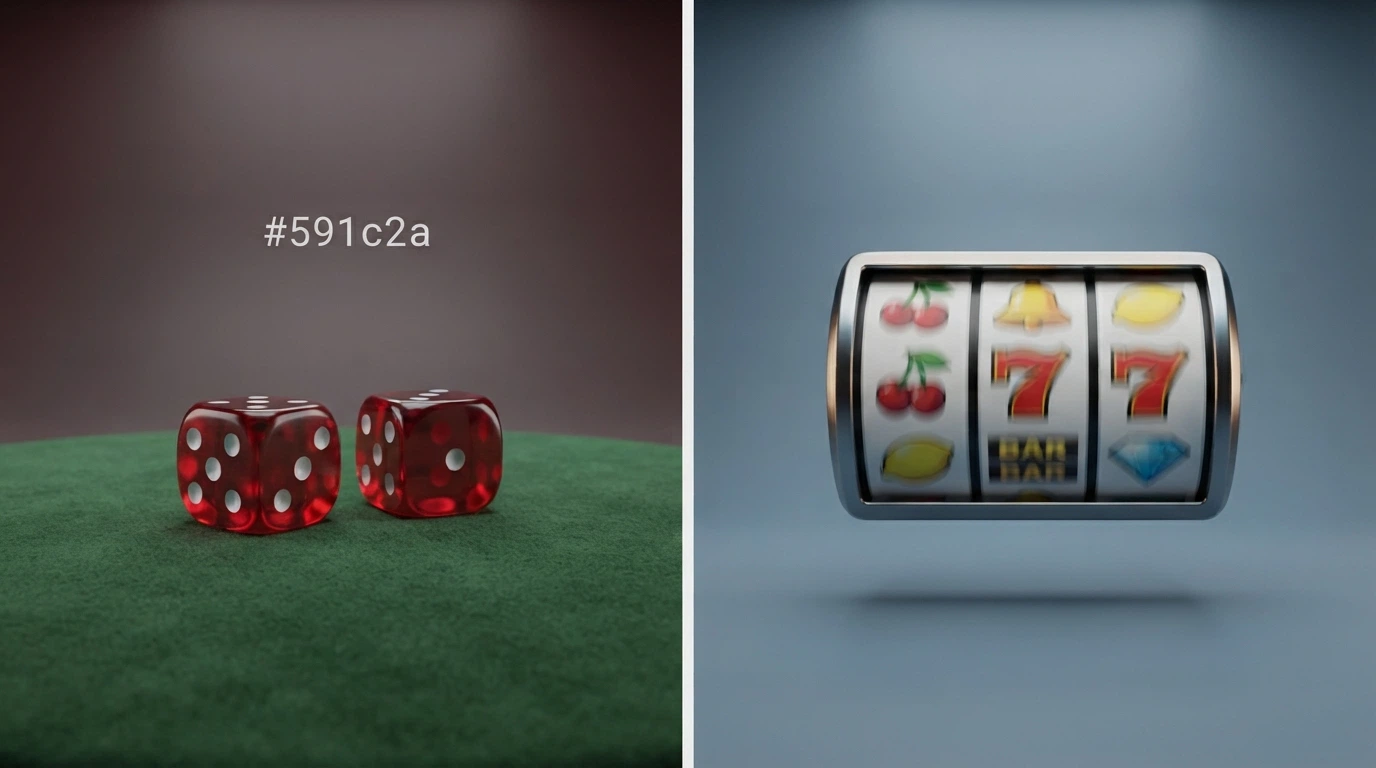 A split screen: a dice game showing a hash seed on one side, a slot reel on the other