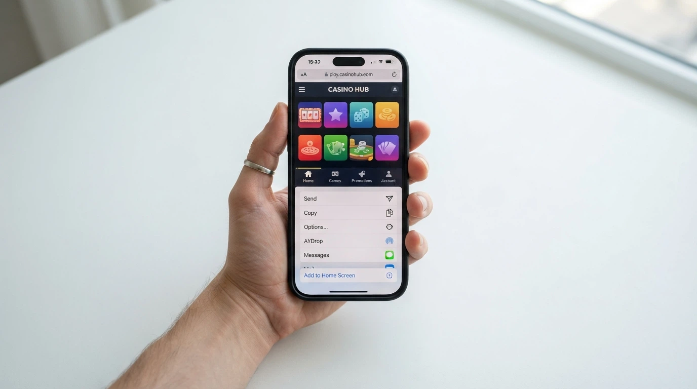 iPhone screen showing the Add to Home Screen option in Safari's share menu for a casino website