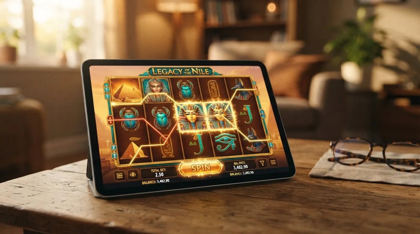 Queen of the Nile pokie by Aristocrat running on an iPad in landscape mode, showing the Egyptian-themed reels and payline highlights