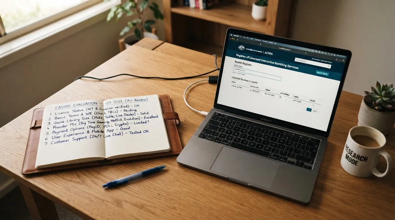 A desk setup with a notepad listing evaluation criteria — licence status, bonus terms, game-library size, provider mix — next to a screen showing the ACMA register
