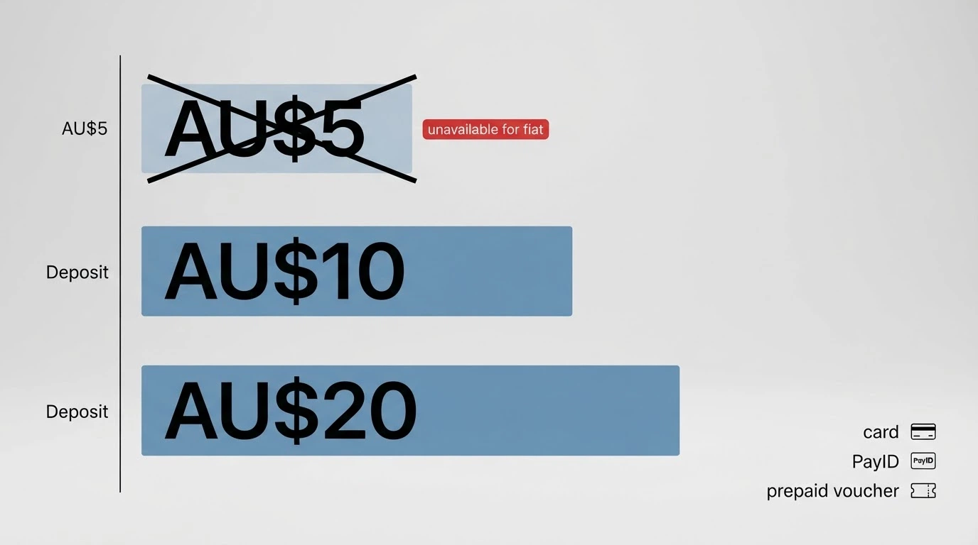 A comparison graphic showing three deposit tiers labelled AU$5, AU$10 and AU$20, with the AU$5 tier crossed out and marked unavailable for fiat deposits