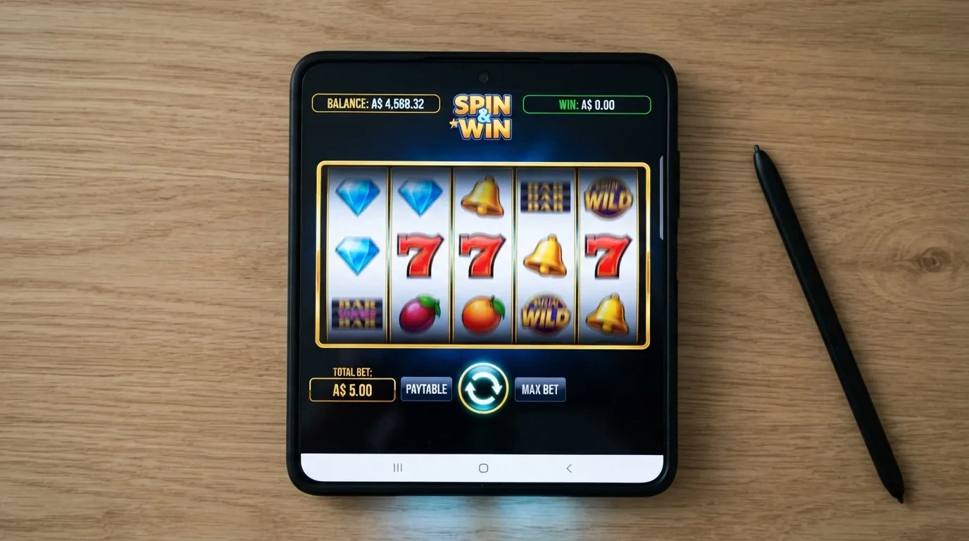 A close-up of an Android phone screen showing a pokie game mid-spin with the bet amount and balance visible