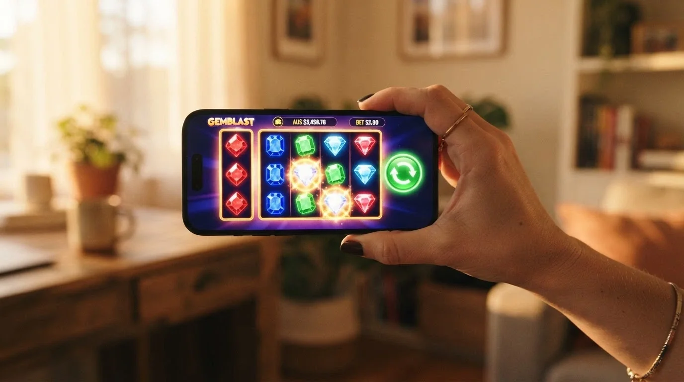 An iPhone held in landscape mode displaying a 5-reel online pokie with the spin button highlighted and an AU dollar balance visible