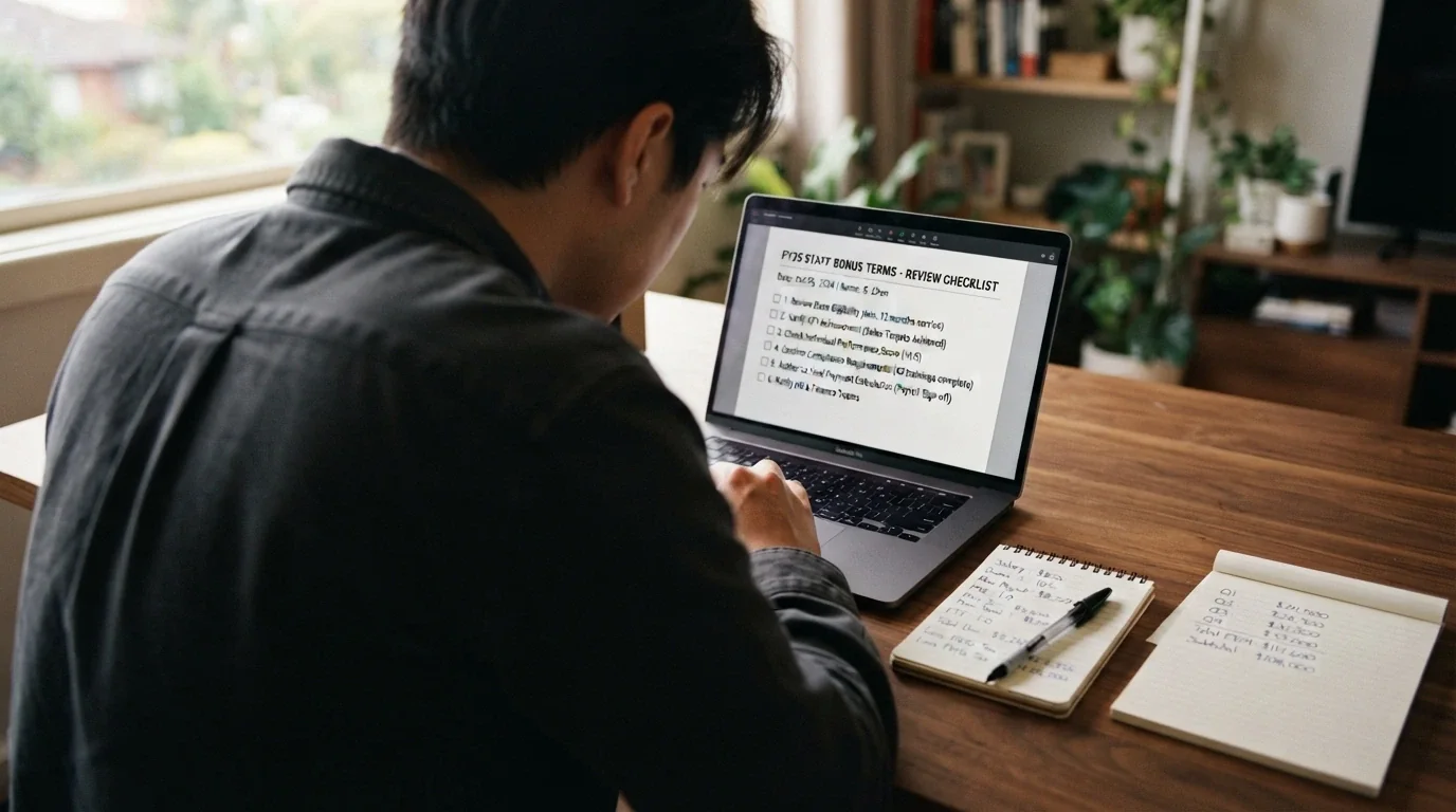 A person reviewing a reload bonus terms checklist on a laptop, with a calculator and a notepad visible beside them