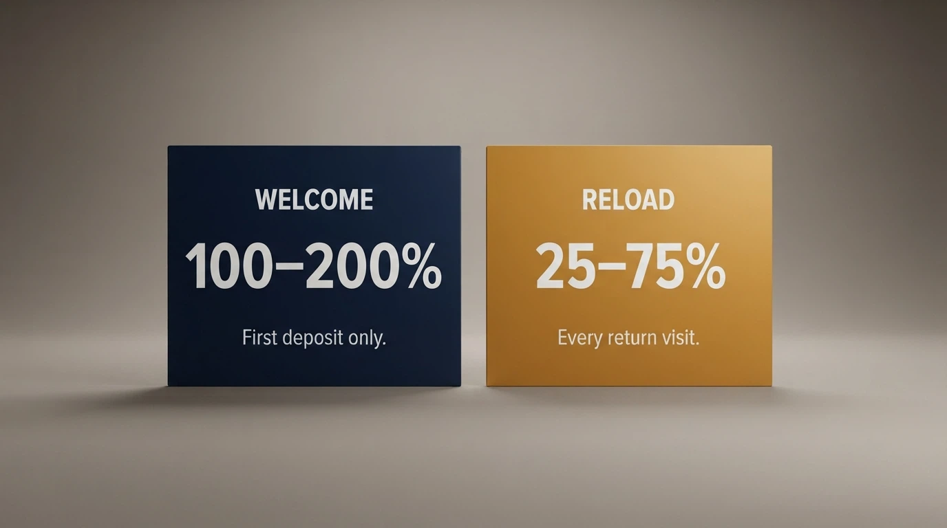 A side-by-side comparison graphic showing a welcome bonus offer on the left and a reload bonus offer on the right, with match percentages and wagering figures highlighted