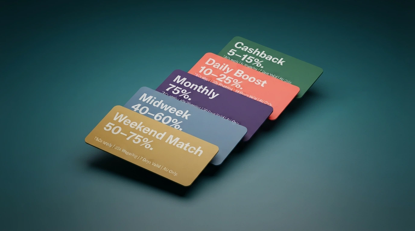 A set of stacked cards or tiles representing different reload bonus types — weekend, midweek, cashback, free spins, crypto boost — with their key terms visible
