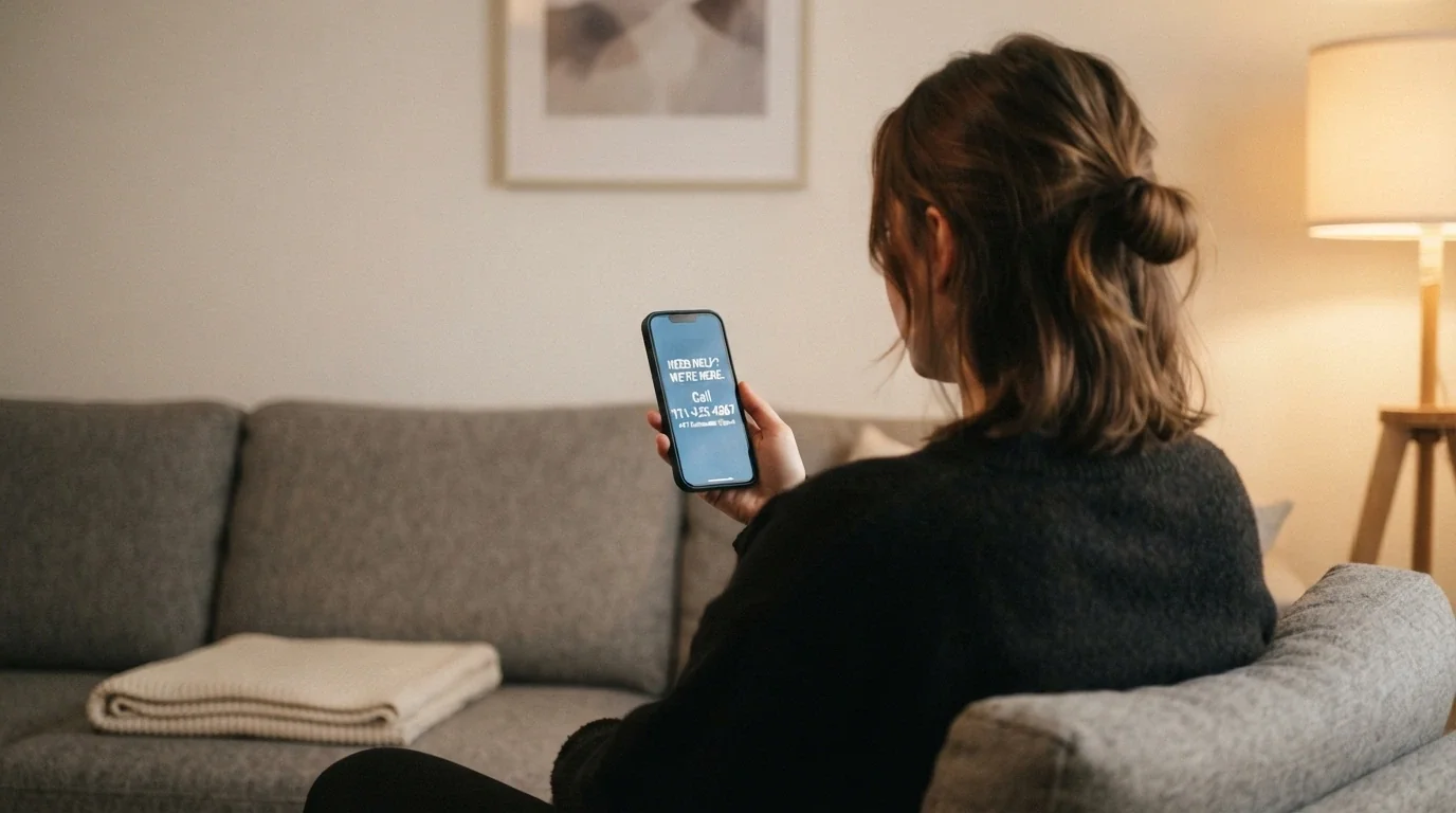 A person holding a phone with a helpline number on the screen
