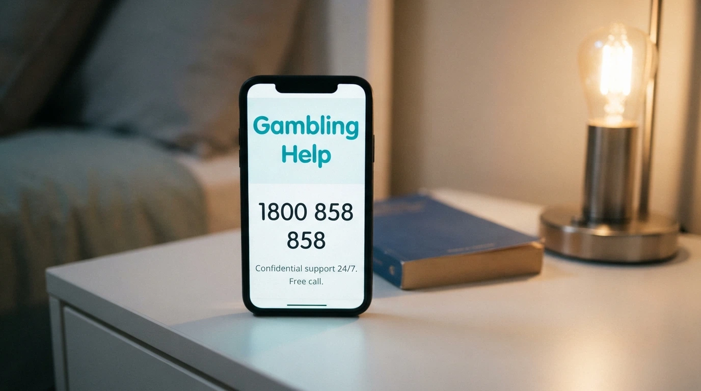 An Android screen showing the Gambling Help Online homepage or the 1800 858 858 helpline number prominently displayed