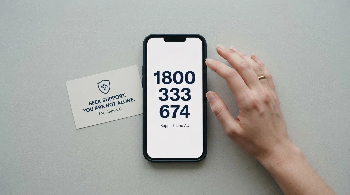 A hand reaching for a phone with the National Gambling Helpline number 1800 858 858 displayed on the screen, a BetStop information card beside it