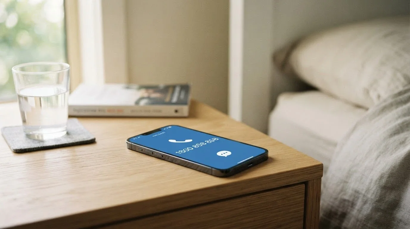 A phone handset or chat-bubble icon beside the number 1800 858 858, with the Gambling Help Online logo, set against a calm blue background