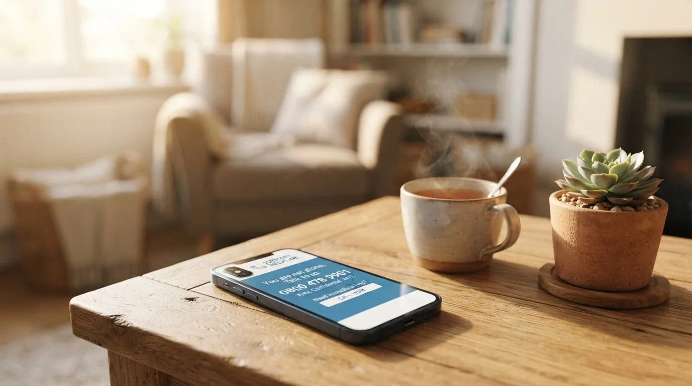 A phone screen showing the Gambling Help Online homepage with the 1800 858 858 number prominent, a cup of tea beside it on a quiet table