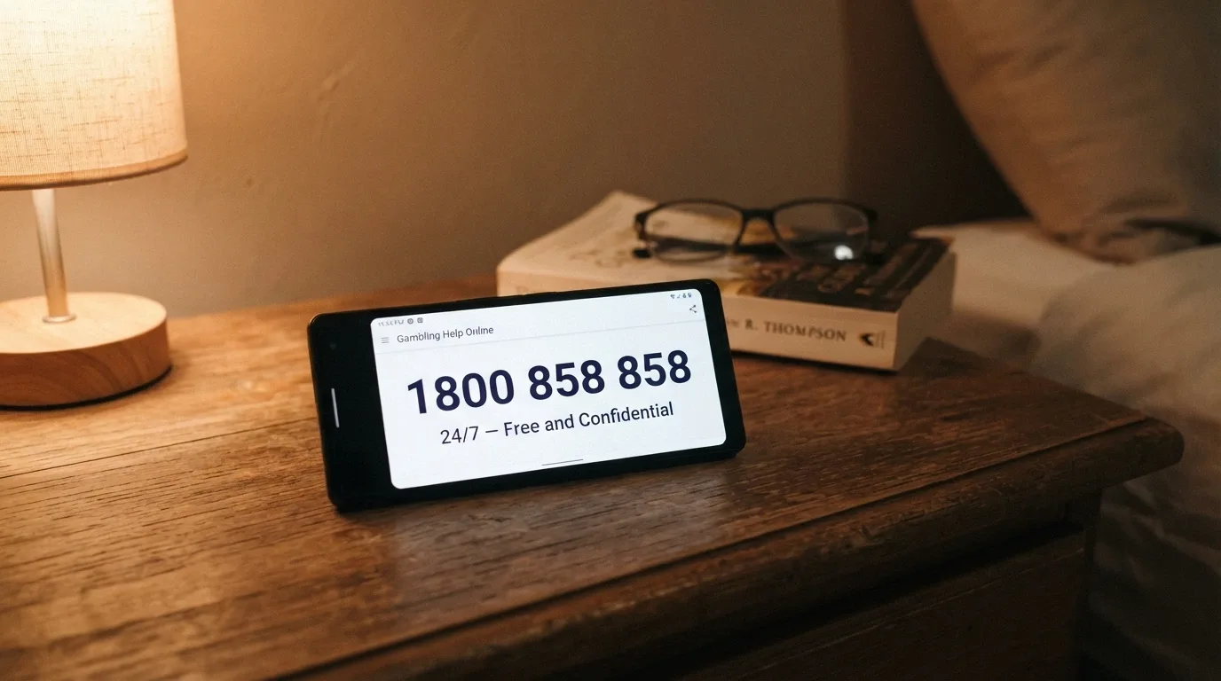 A phone screen showing the National Gambling Helpline number 1800 858 858 with 24/7 availability text