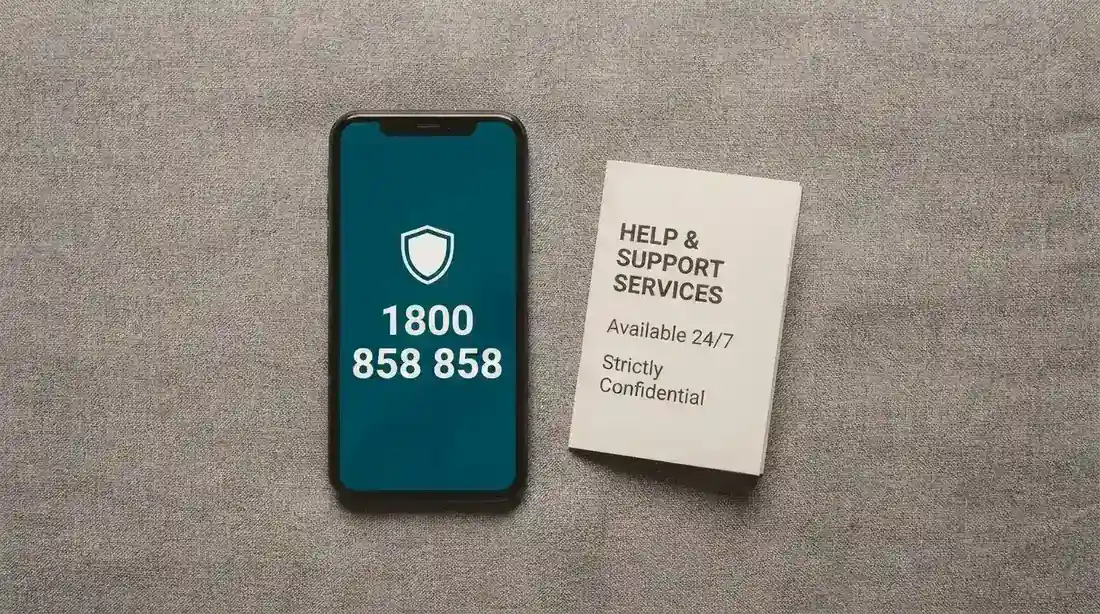 The BetStop logo alongside a phone screen showing the National Gambling Helpline number 1800 858 858