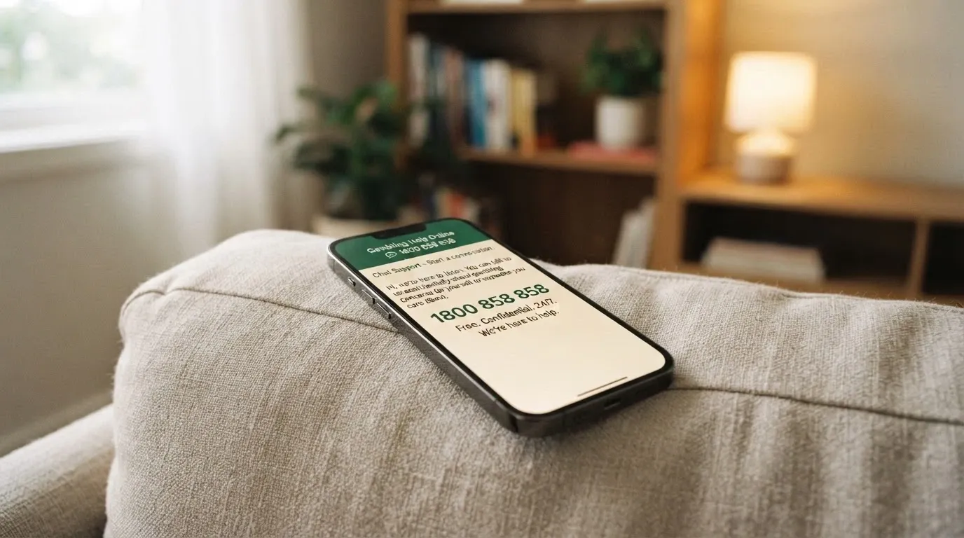 A phone screen showing the Gambling Help Online chat interface and the 1800 858 858 number, calm and supportive