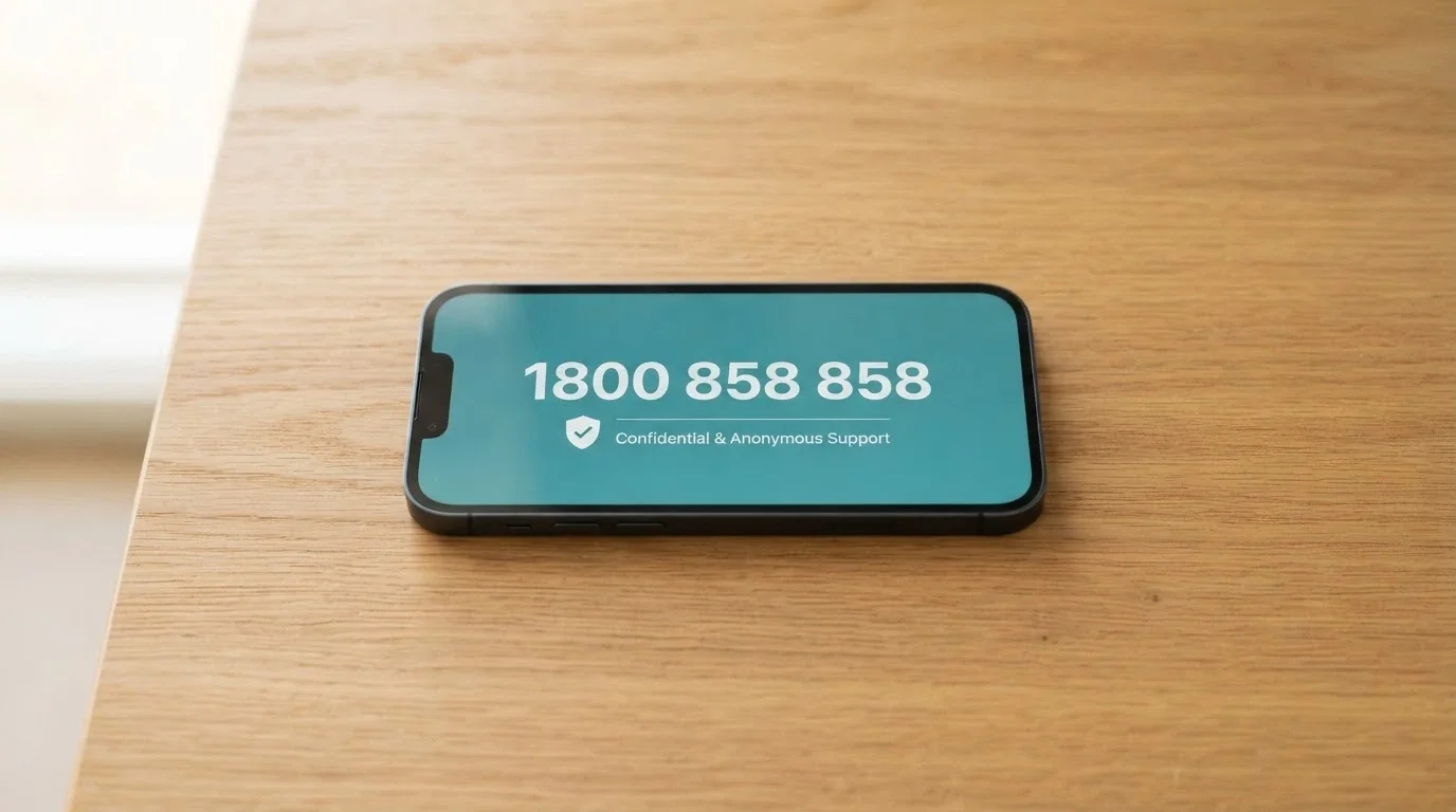 A phone screen showing the number 1800 858 858 against a calm teal background, with the Gambling Help Online logo and a BetStop registration badge