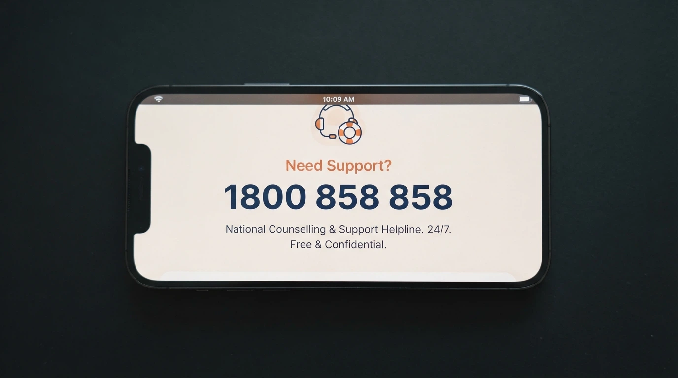 A close-up of a smartphone showing the Gambling Help Online website with the 1800 858 858 helpline number prominent on screen