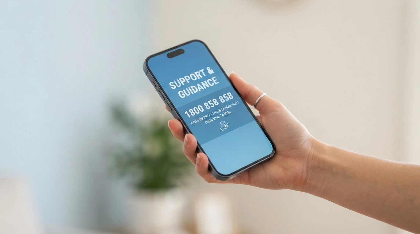 A close-up of a smartphone showing the Gambling Help Online homepage with the 1800 858 858 helpline number prominently displayed, set against a calm blue background