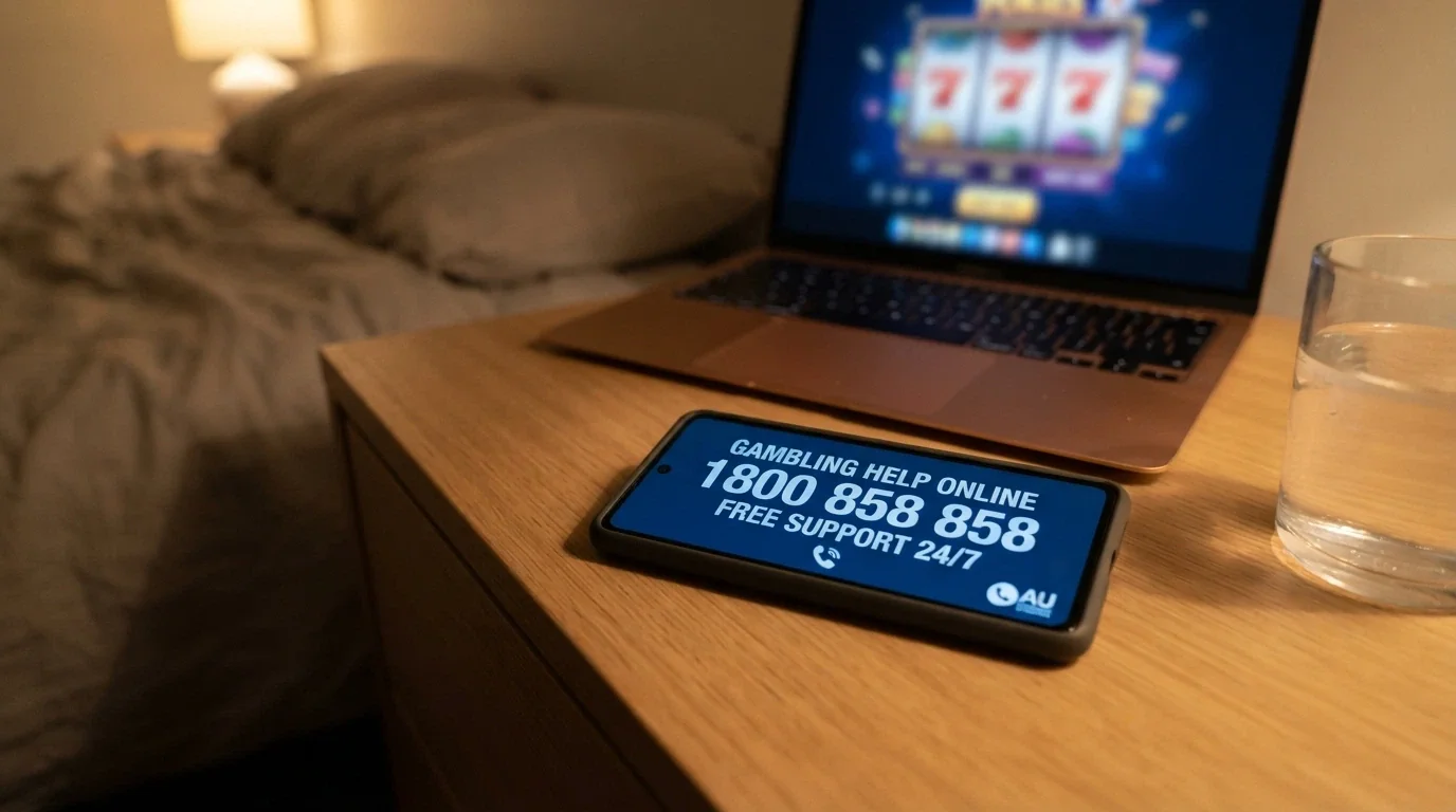 A phone screen showing the Gambling Helpline number 1800 858 858 with a blurred pokies screen in the background