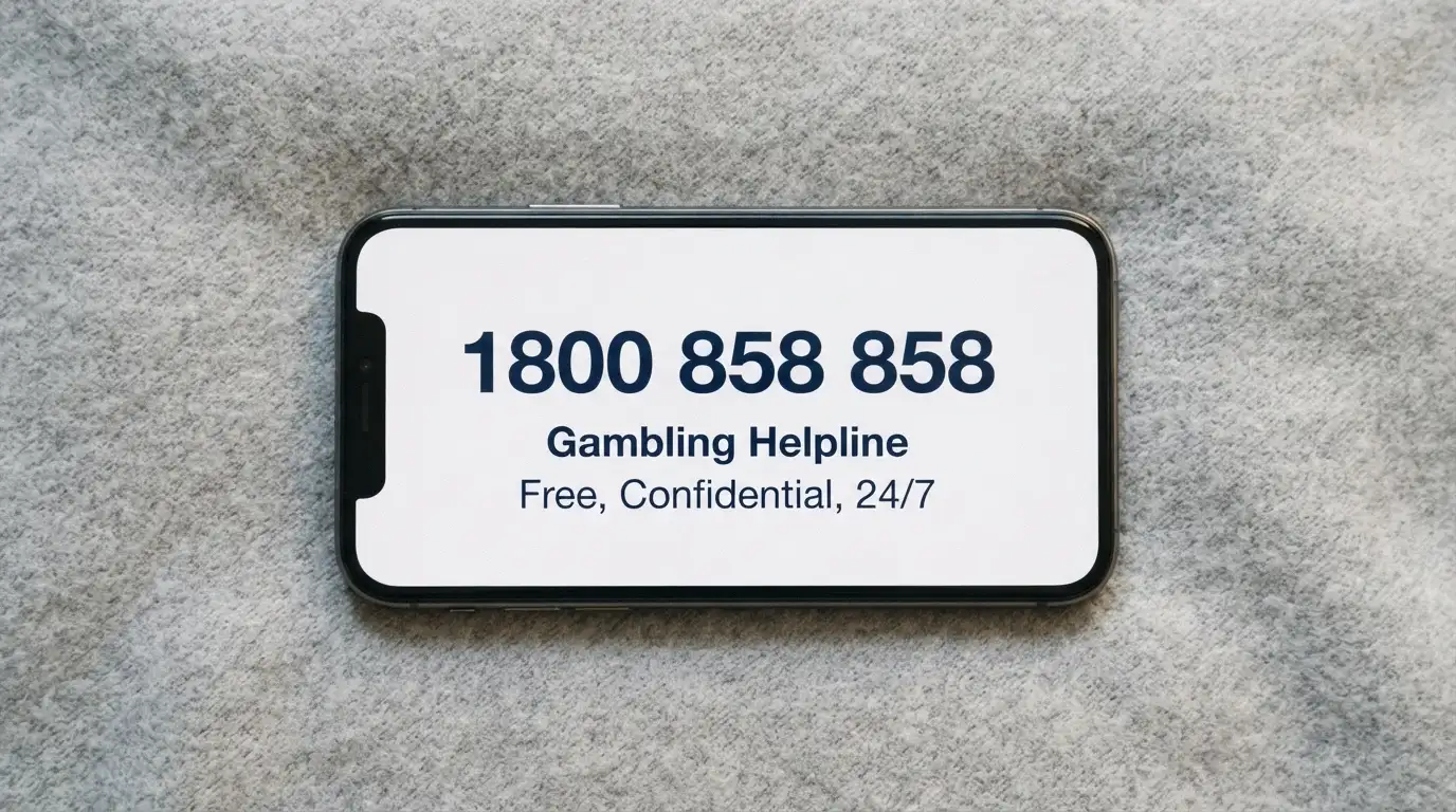 A smartphone screen showing the number 1800 858 858 with the words “Gambling Helpline — Free, Confidential, 24/7” beneath it