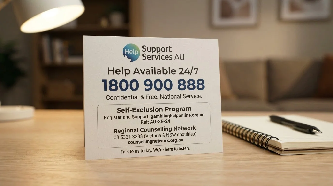 A support-services card showing the 1800 858 858 helpline number alongside the BetStop and Gambling Help Online logos