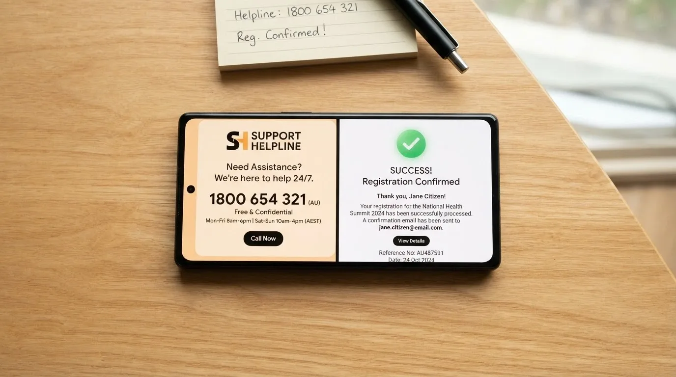 A phone screen showing the National Gambling Helpline number (1800 858 858) and the Gambling Help Online homepage, beside a BetStop registration confirmation screen