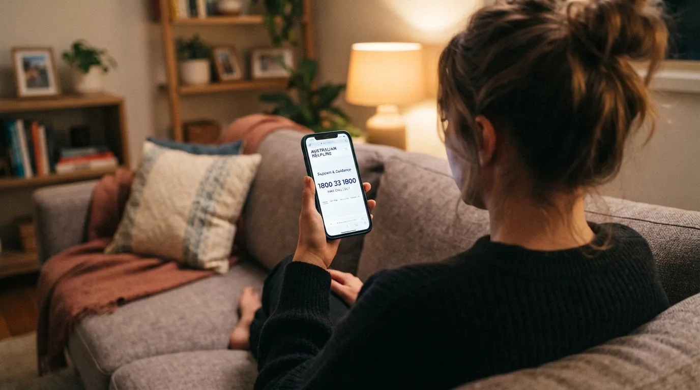 A person holding a phone with the Gambling Help Online website open, the 1800 858 858 helpline number prominent on the screen