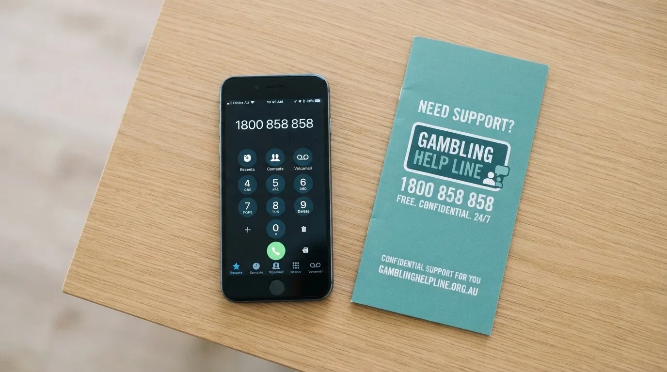 A close-up of a phone keypad with the numbers 1800 858 858 being dialled, the phone resting on a help-resource brochure