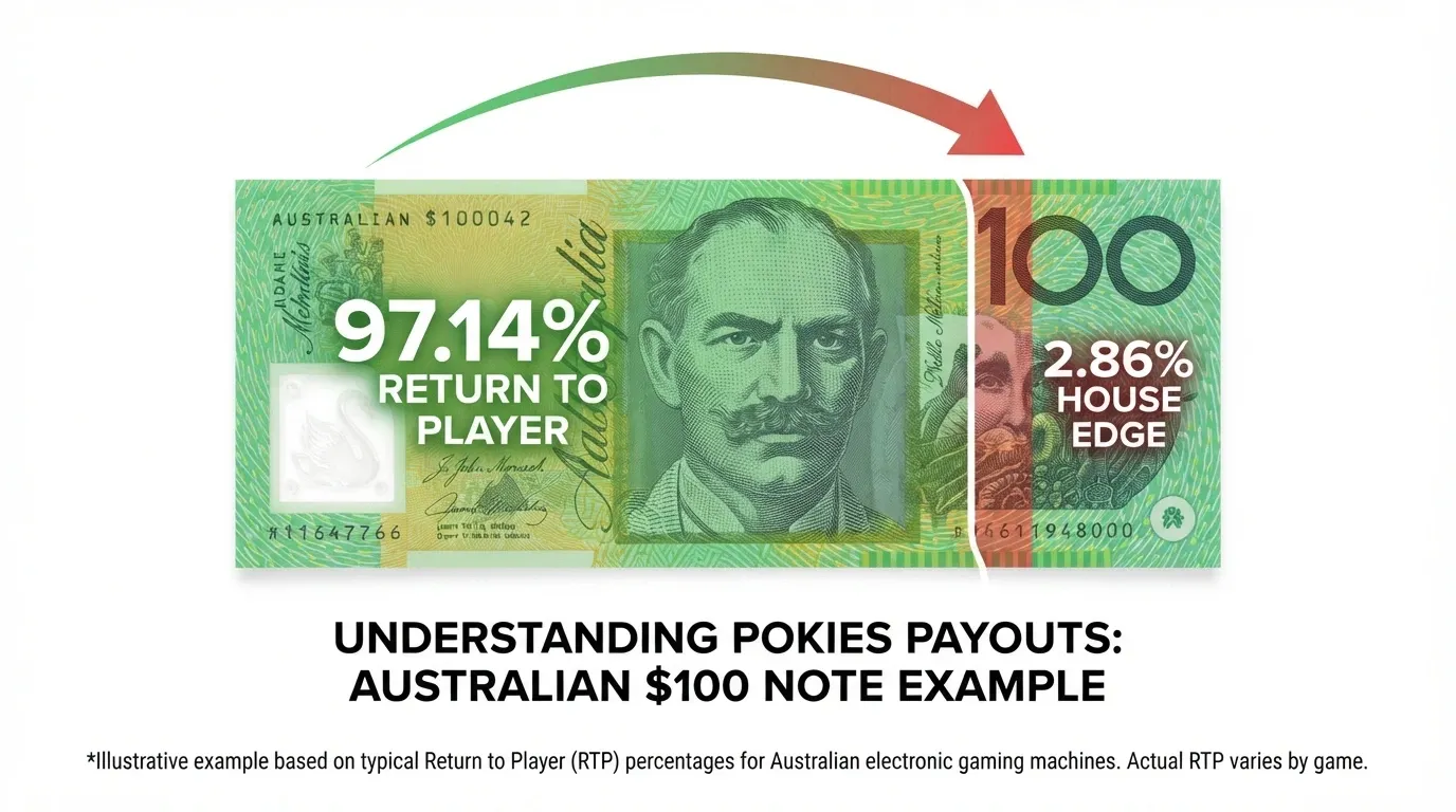 A simple infographic showing a AU$100 note with arrows splitting it into a large returning portion labelled 97.14% and a small edge labelled house advantage