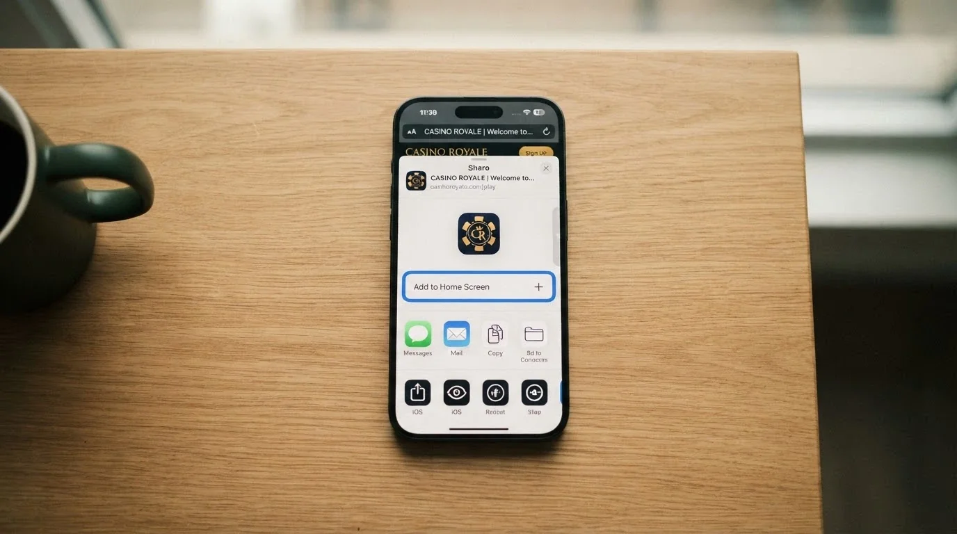 An iPhone add-to-home-screen interface showing the Safari share sheet with the casino site name and icon preview
