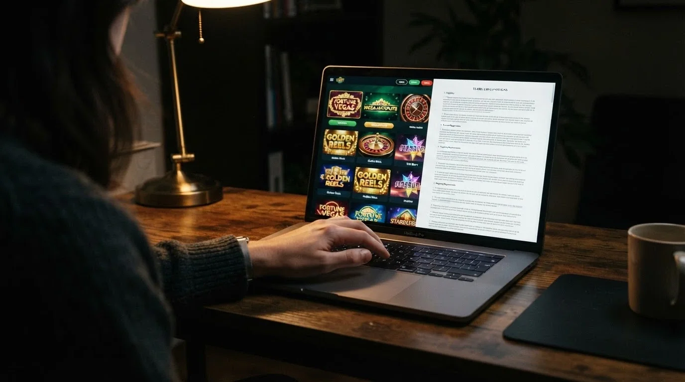 A person's hand hovering over a laptop keyboard, the screen split between a casino lobby and a plain text page of terms and conditions, the room dimly lit