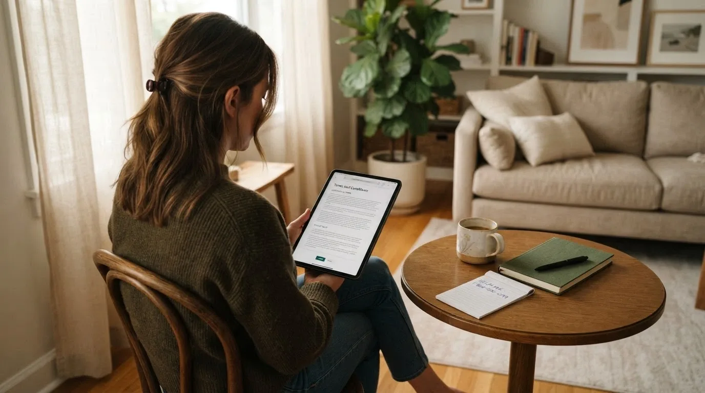 A calm, well-lit scene of someone reading terms and conditions on a tablet, with a cup of coffee and the National Gambling Helpline number visible on a notepad beside them