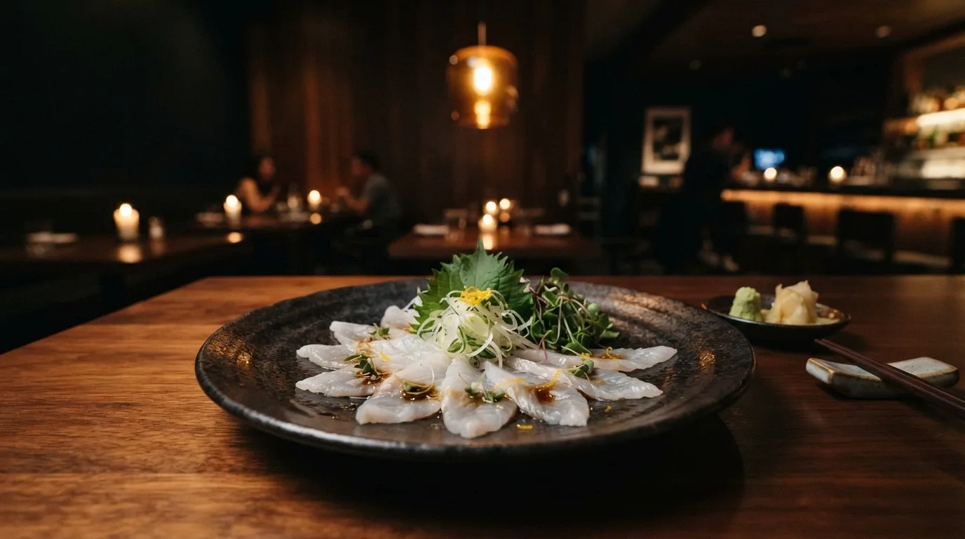 A plated signature dish at Sokyo with the restaurant's mood-lit interior and Japanese-inspired design visible