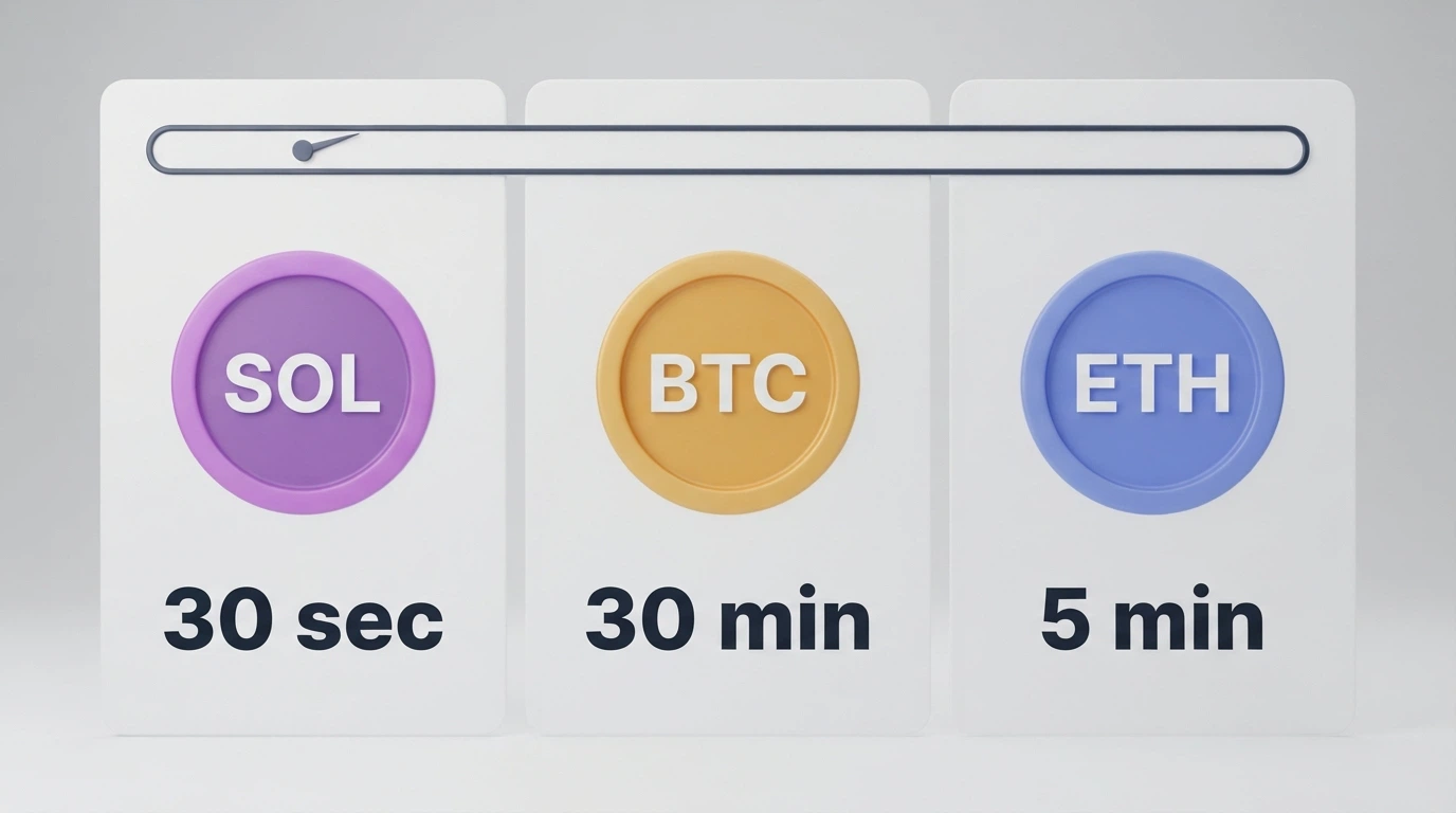 Three cryptocurrency logos — Solana, Bitcoin and Ethereum — with a stopwatch graphic showing SOL at 30 seconds, BTC at 30 minutes and ETH at 5 minutes
