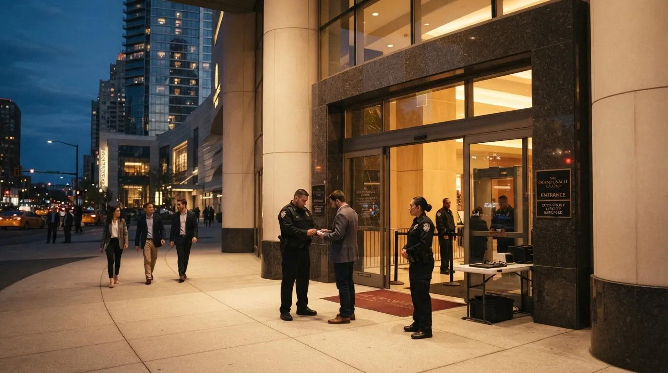 The main casino entrance at 33 William Street with security staff at the door and an ID-check point visible